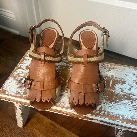 Frye | Women 7M| Ramsey Kilte Brown & Tan Leather Fringe Sling Back 3.5" heel - Picture 1 of 13